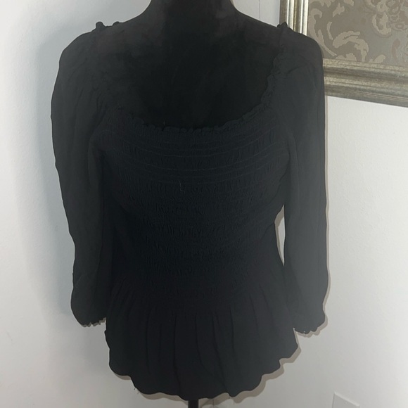 Ann Taylor black smocked puff sleeves square neck ruffle bottom sz M - Picture 2 of 10
